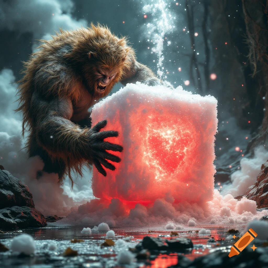 A furry beast holds a large glowing snow cube in a snowy, mountainous scene.