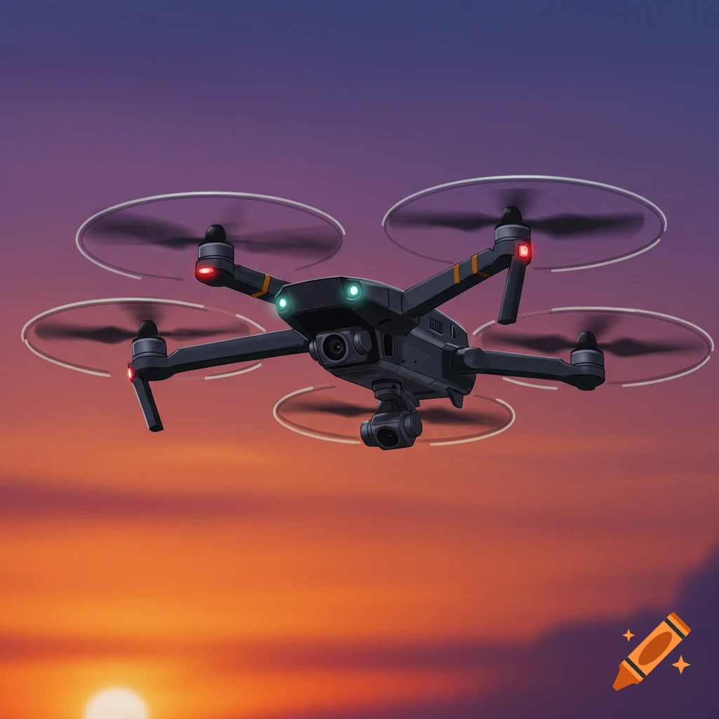 A drone flies against a sunset sky.