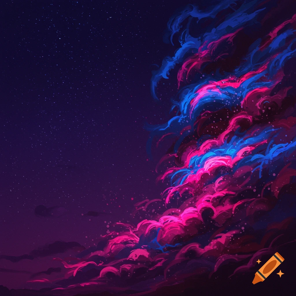 Stylized abstract night sky with swirling blue and pink clouds and stars.