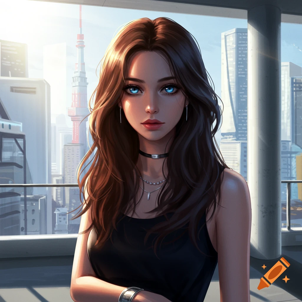 A digital art portrait of a young woman with blue eyes on a rooftop overlooking a city skyline.