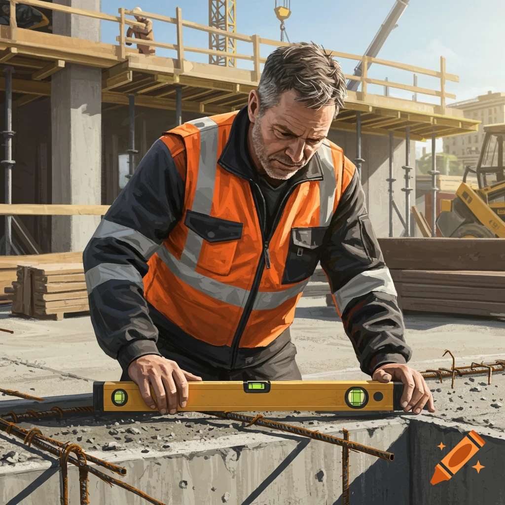 A construction worker in an orange safety vest uses a level on a concrete foundation at a building site.