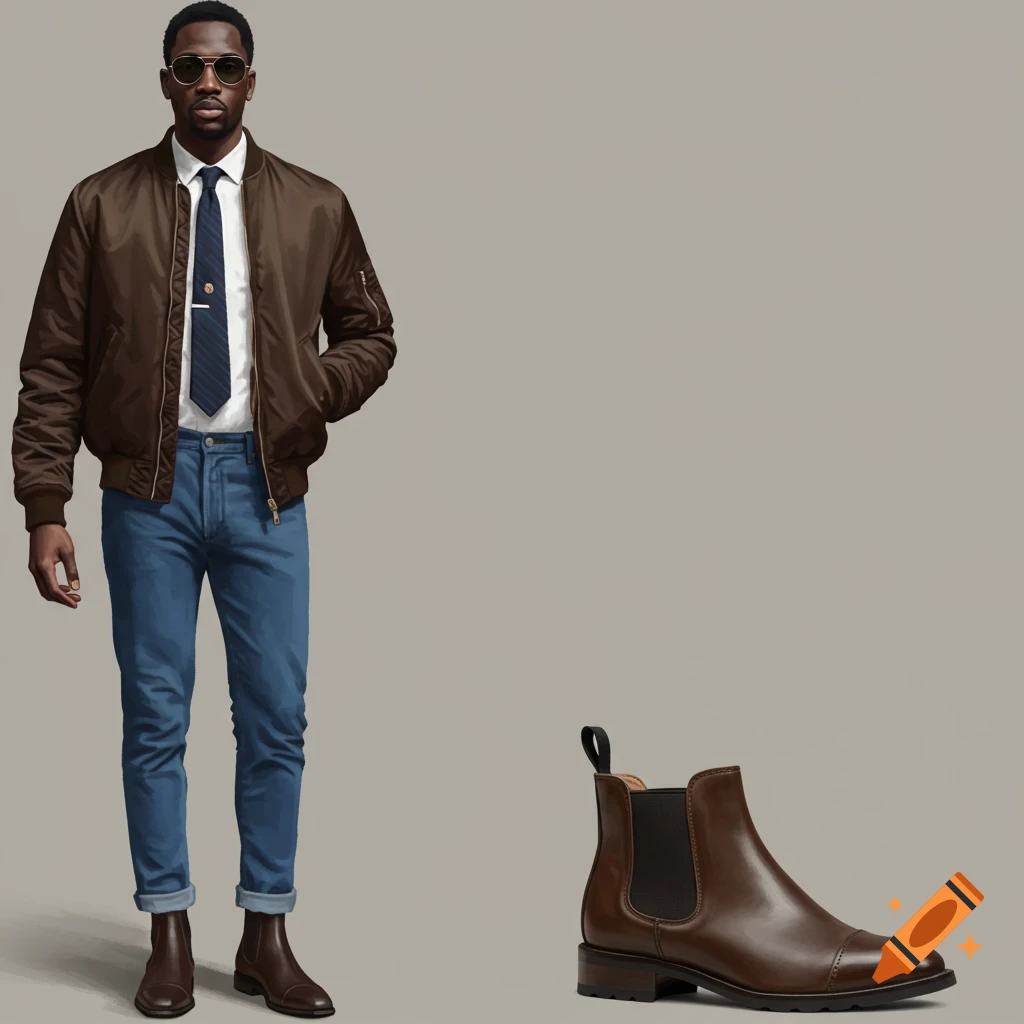 A man in a brown bomber jacket, tie, jeans, and sunglasses, standing next to a brown Chelsea boot.