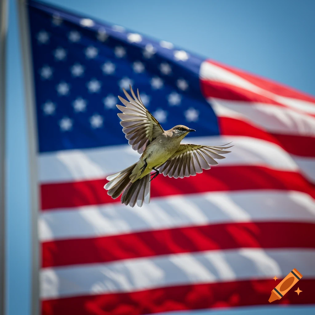 A mockingbird flies with outstretched wings in front of a blurred American flag.