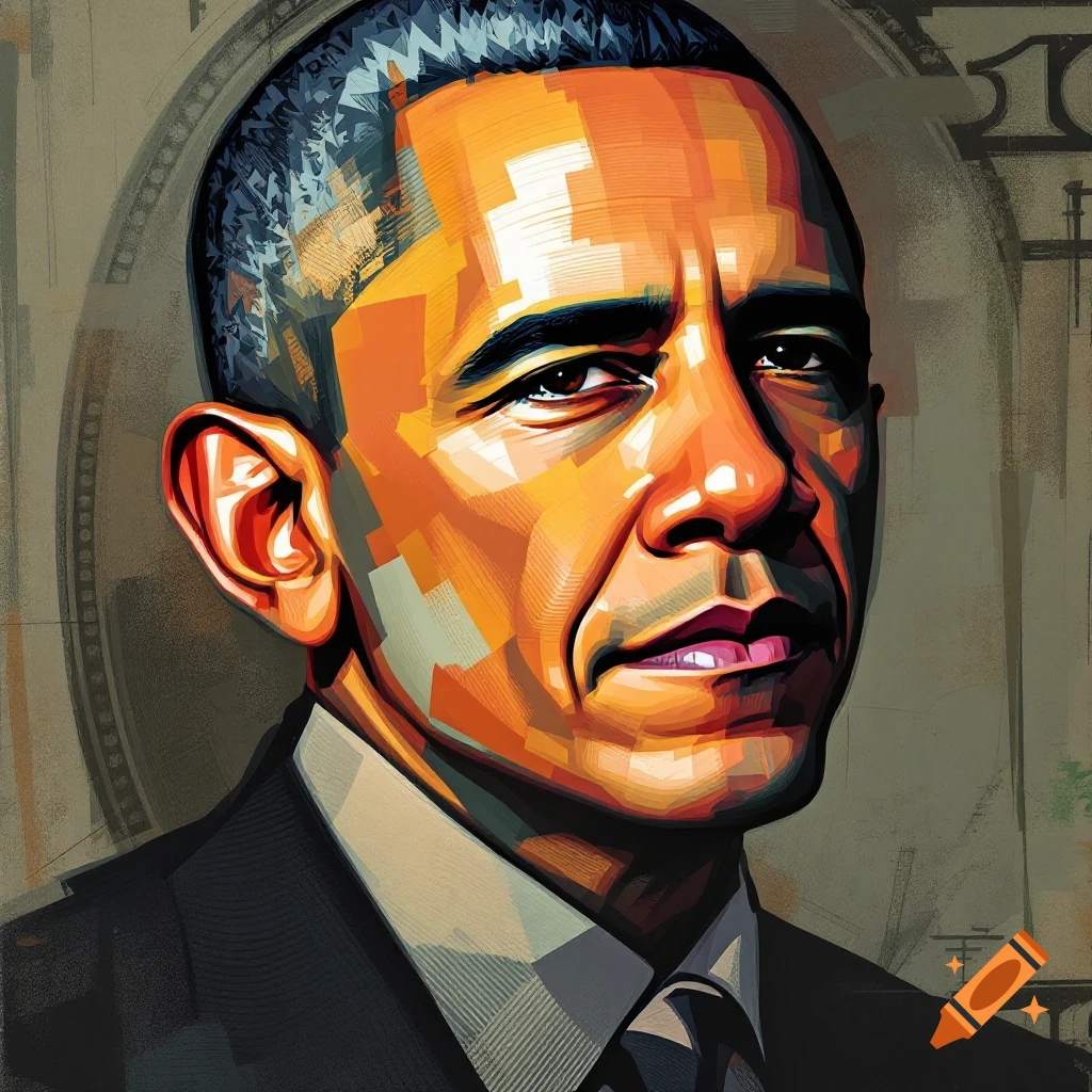Stylized portrait of Barack Obama with $100 bill elements