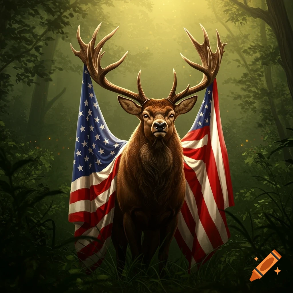 A deer with large antlers stands in a forest, draped in American flags.
