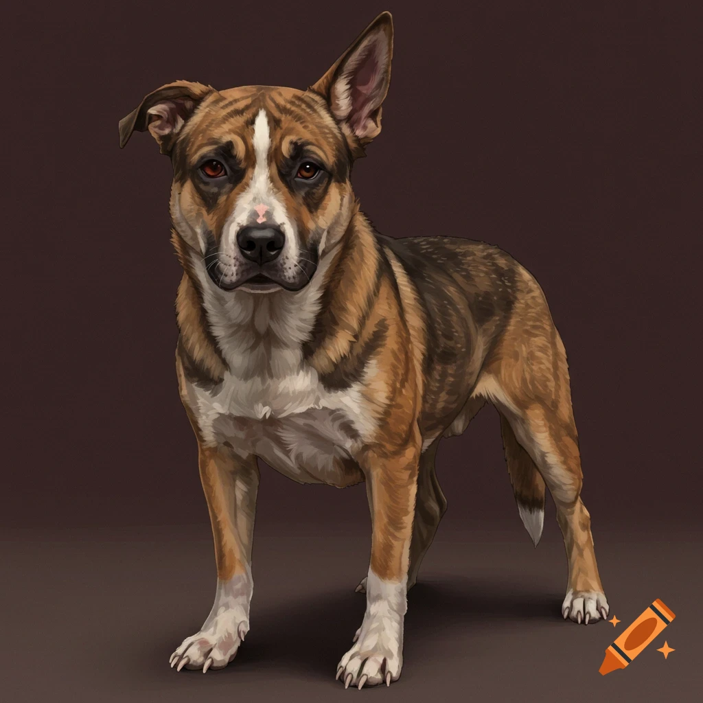 An illustration of a brindle dog with one ear up and one ear down, standing against a brown background.