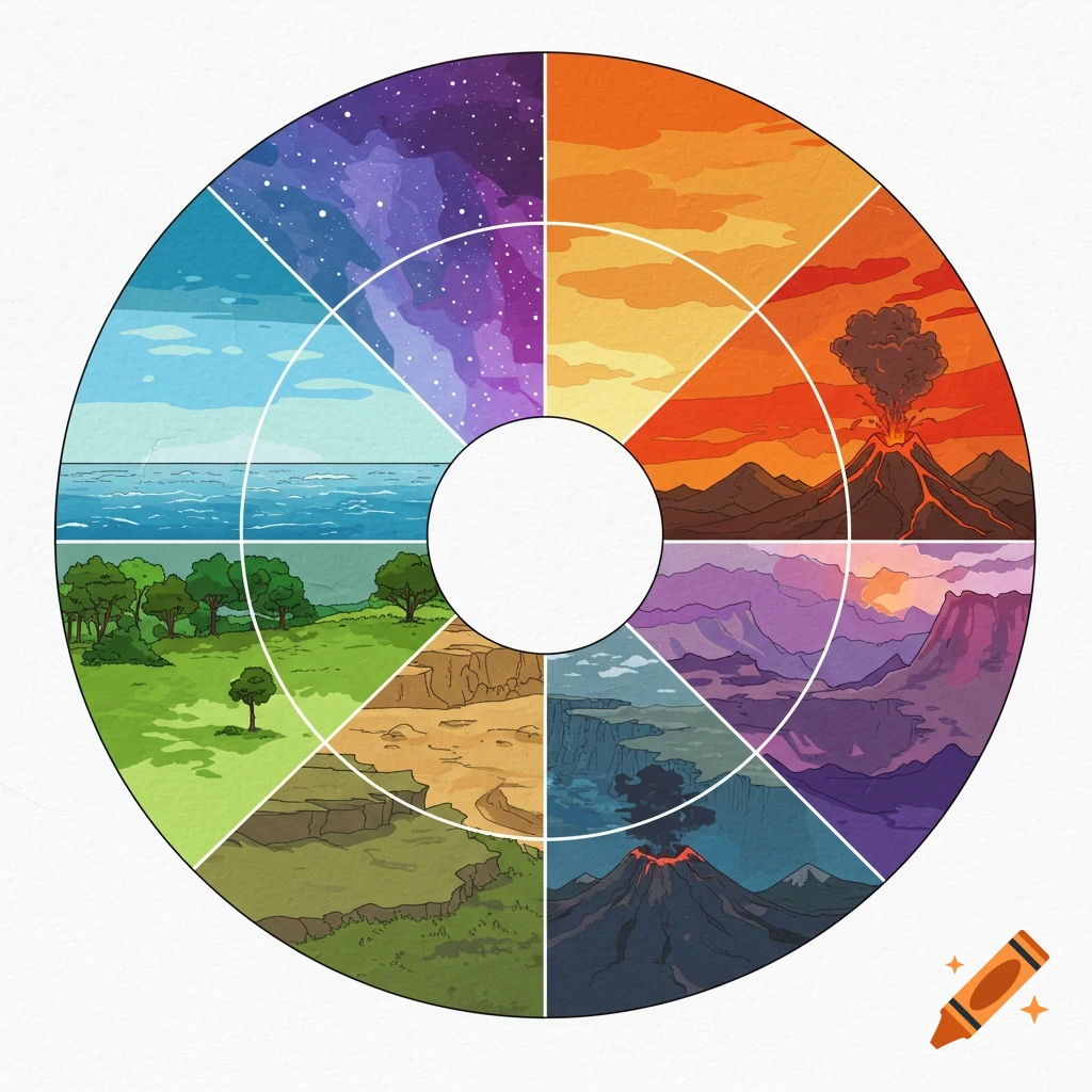 Color wheel graphic showing different landscapes like ocean, forest, desert, canyon, volcano, mountains, and a galaxy.