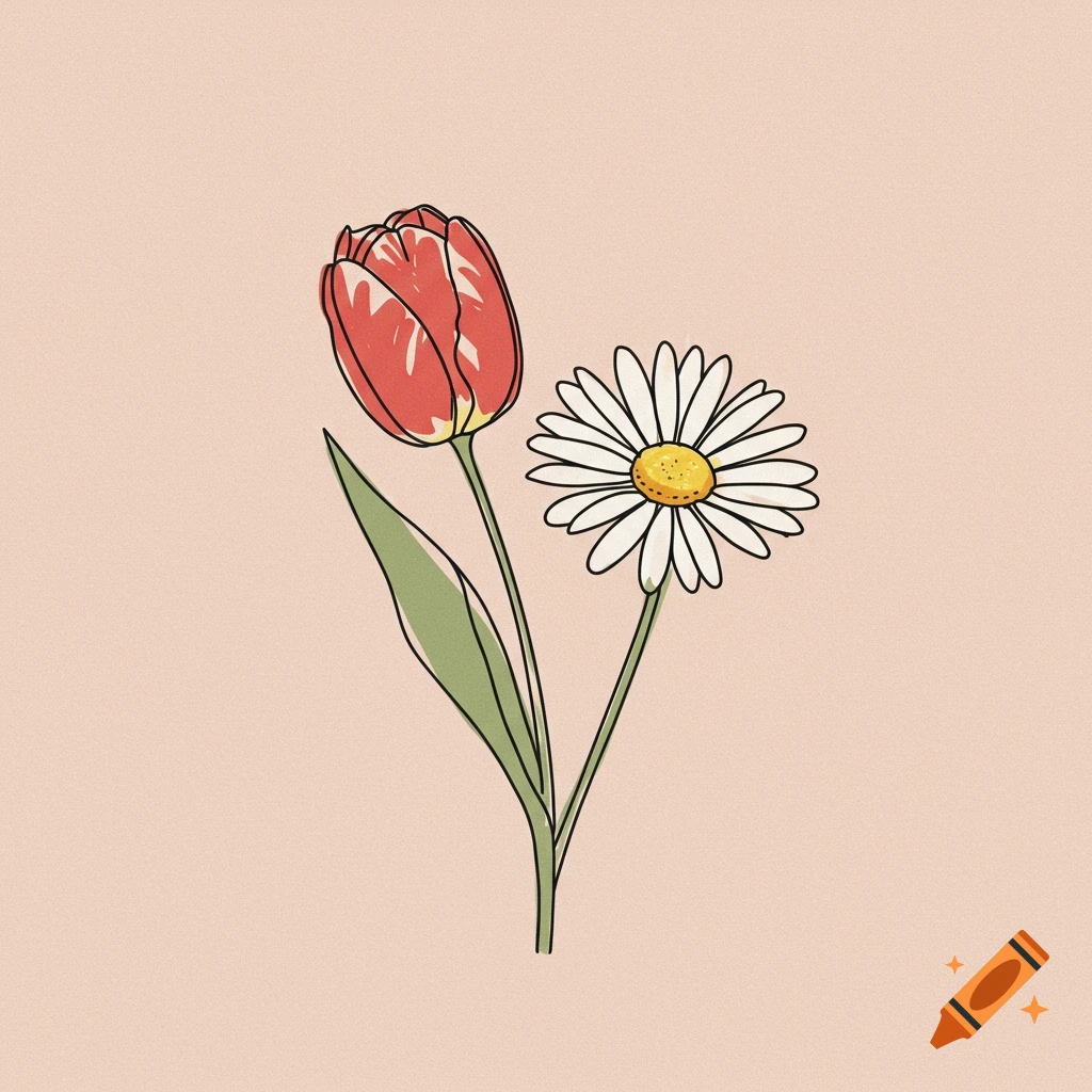 Simple illustration of a red tulip and a white daisy on a pink background.