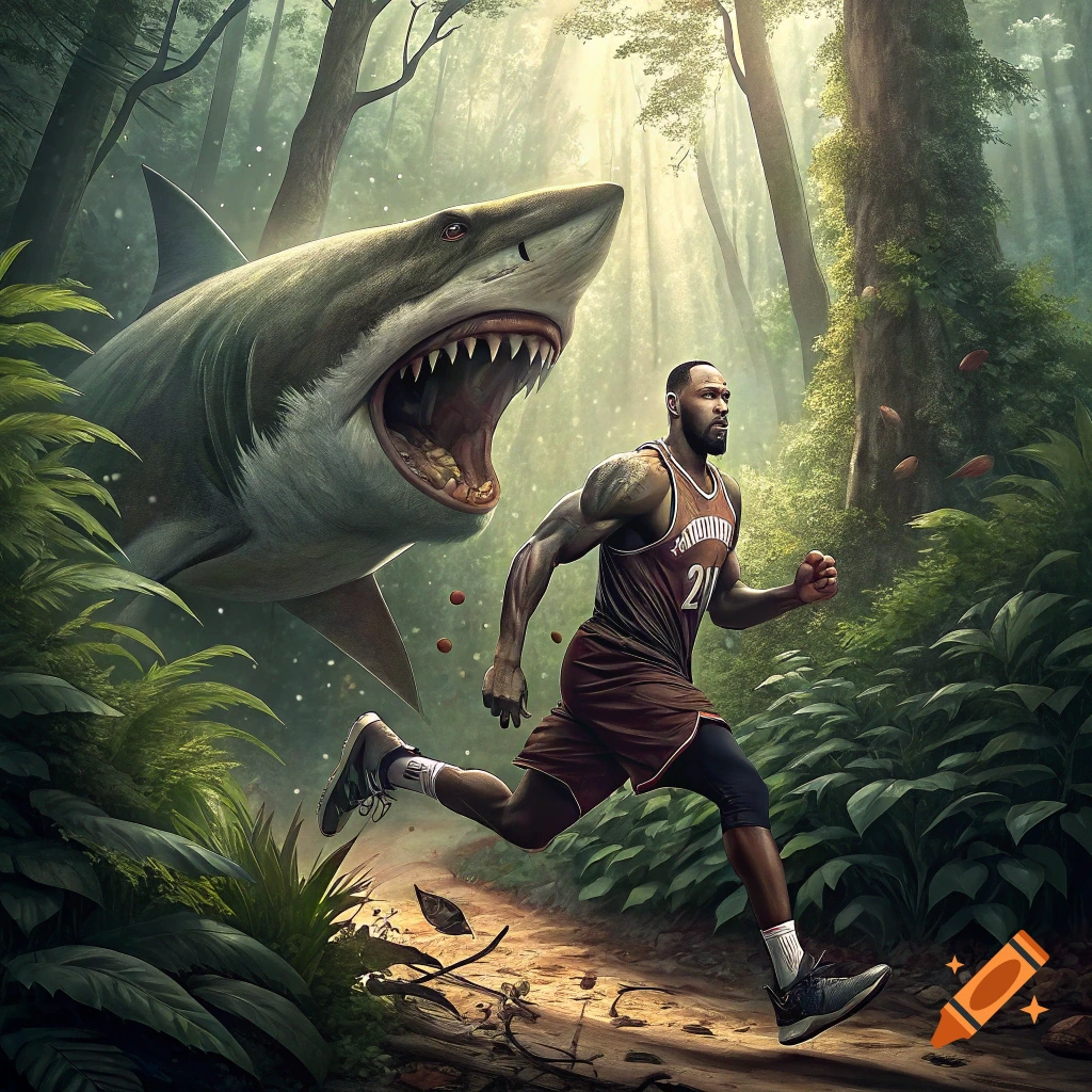 A person in a basketball jersey runs through a forest, pursued by a large shark. Fantasy style.