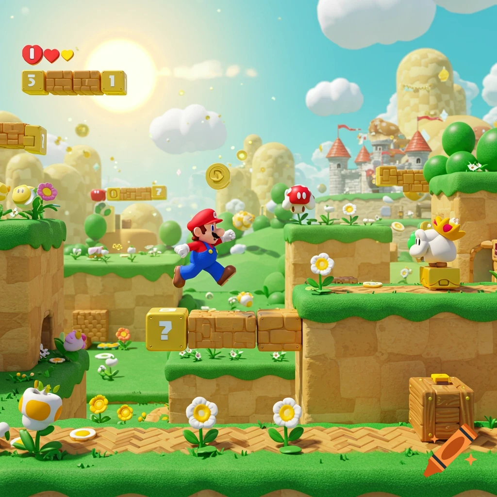 Mario jumps in a colorful 3D game world with enemies, blocks, and game UI.
