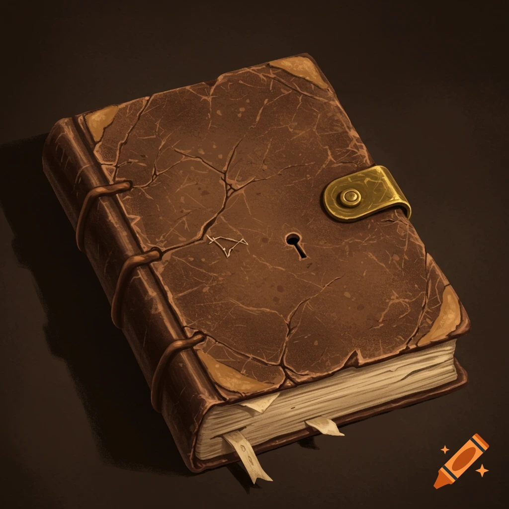 An old, cracked leather journal with a brass clasp, yellowed pages, and bookmarks.