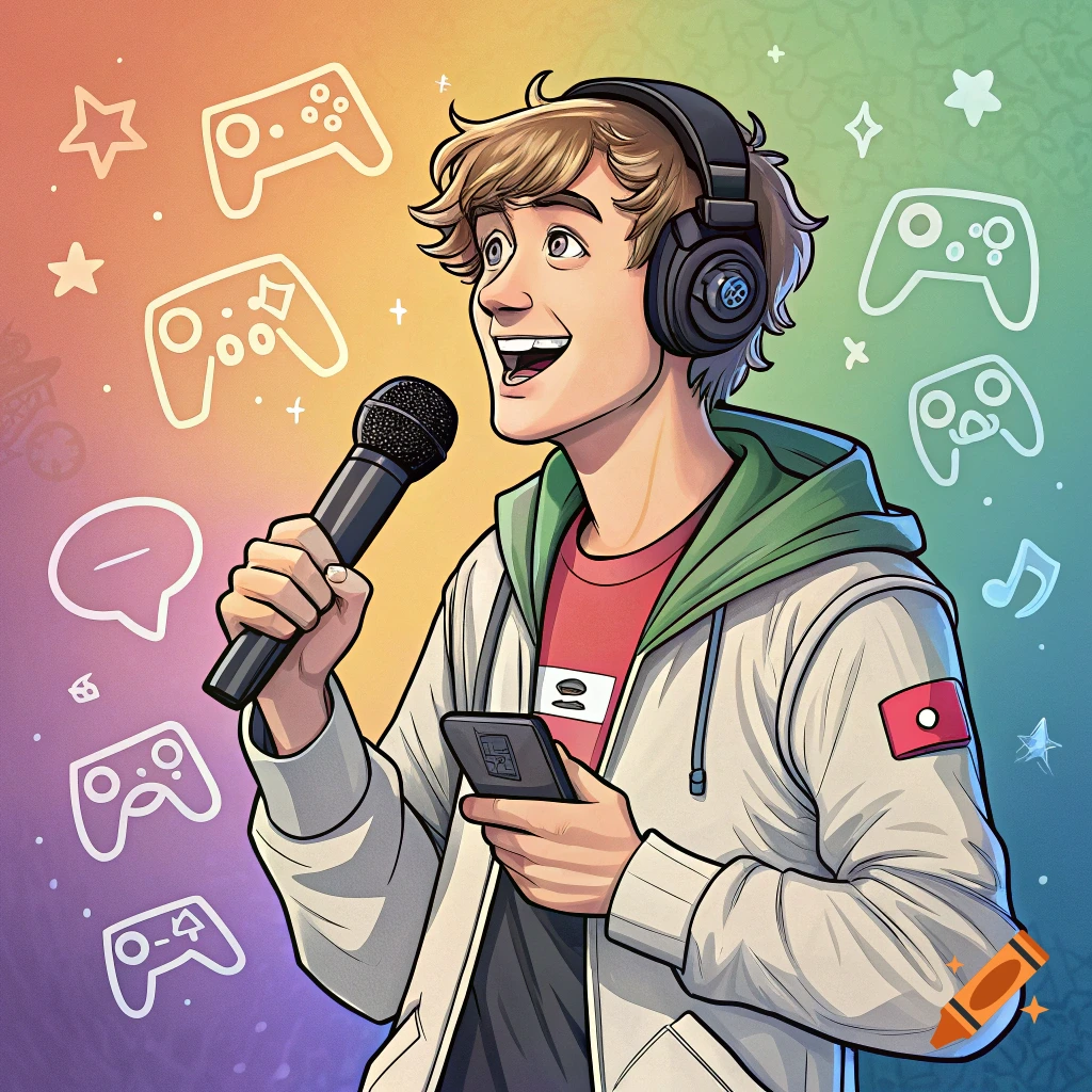 Illustration of a person with headphones and microphone, surrounded by gaming controller icons on a rainbow background.