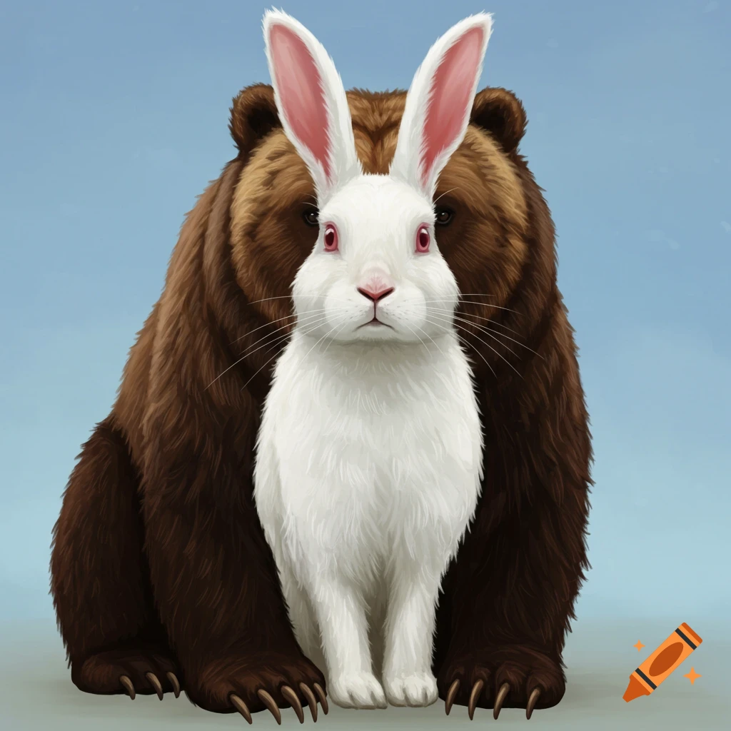 A white rabbit head and front body on a grizzly bear body against a blue background.