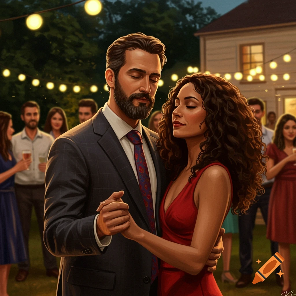 A couple dances closely at an outdoor evening party while other guests mingle.