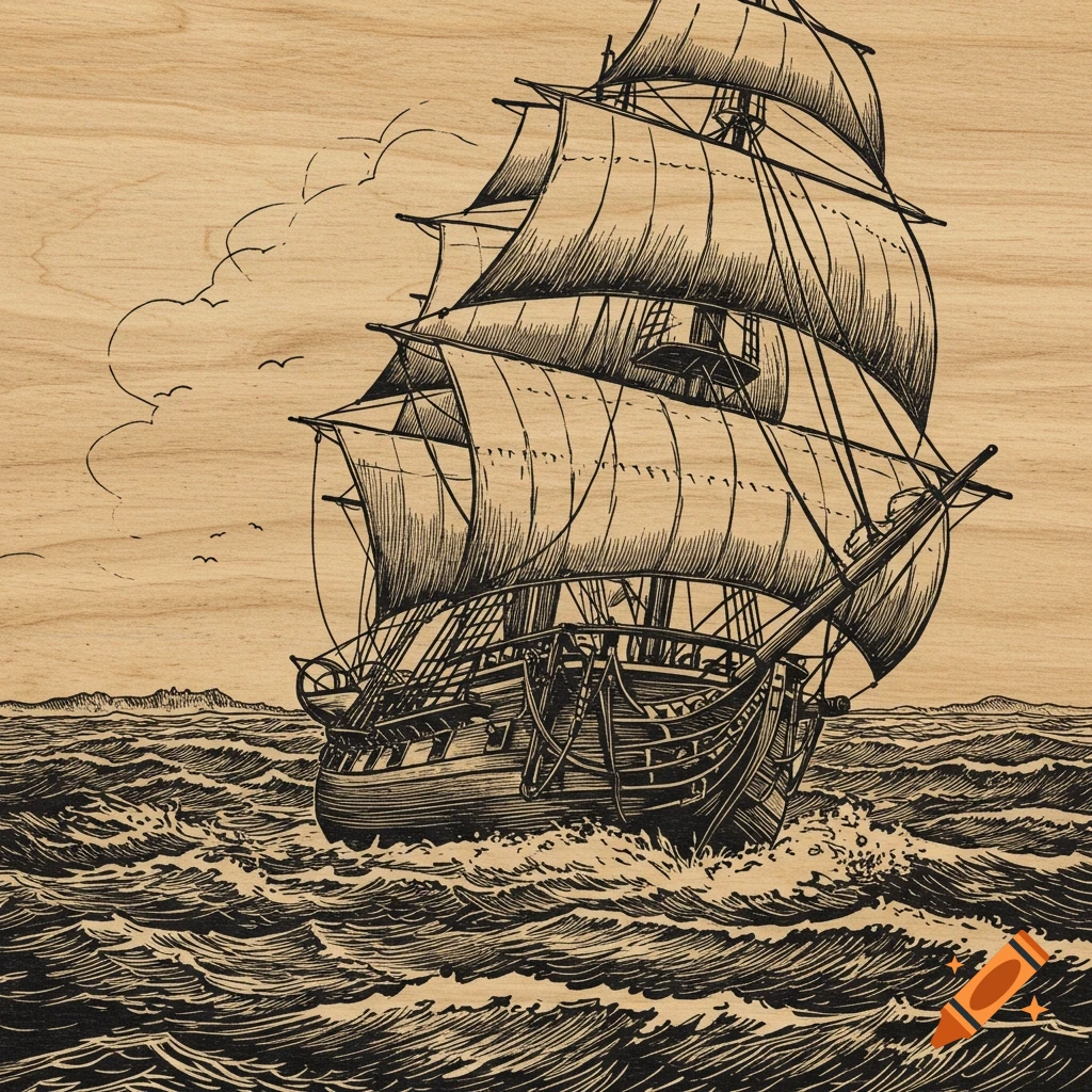 A woodcut-style depiction of an old sailing ship on rough seas.