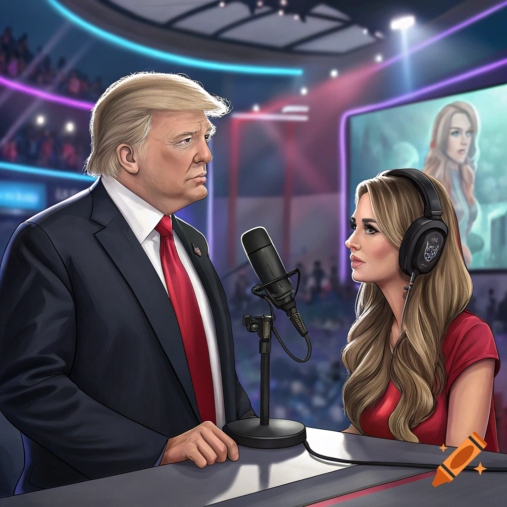 Illustration of Donald Trump talking to a woman with headphones in a broadcast setting.