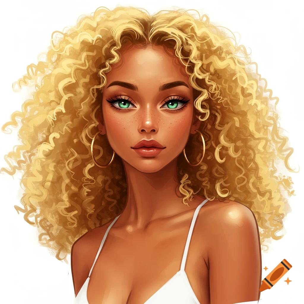 Stylized illustration of a woman with curly blonde hair, green eyes, and tan skin.