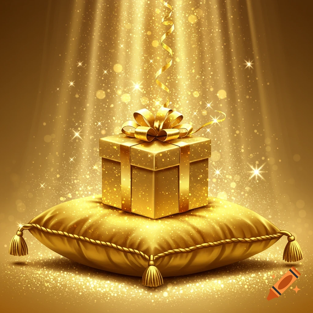 A golden gift box sits on a gold pillow, surrounded by shimmering light rays and sparkles.