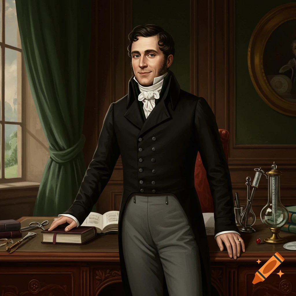 A portrait of a man in historical Regency era clothing standing at a desk with medical instruments.