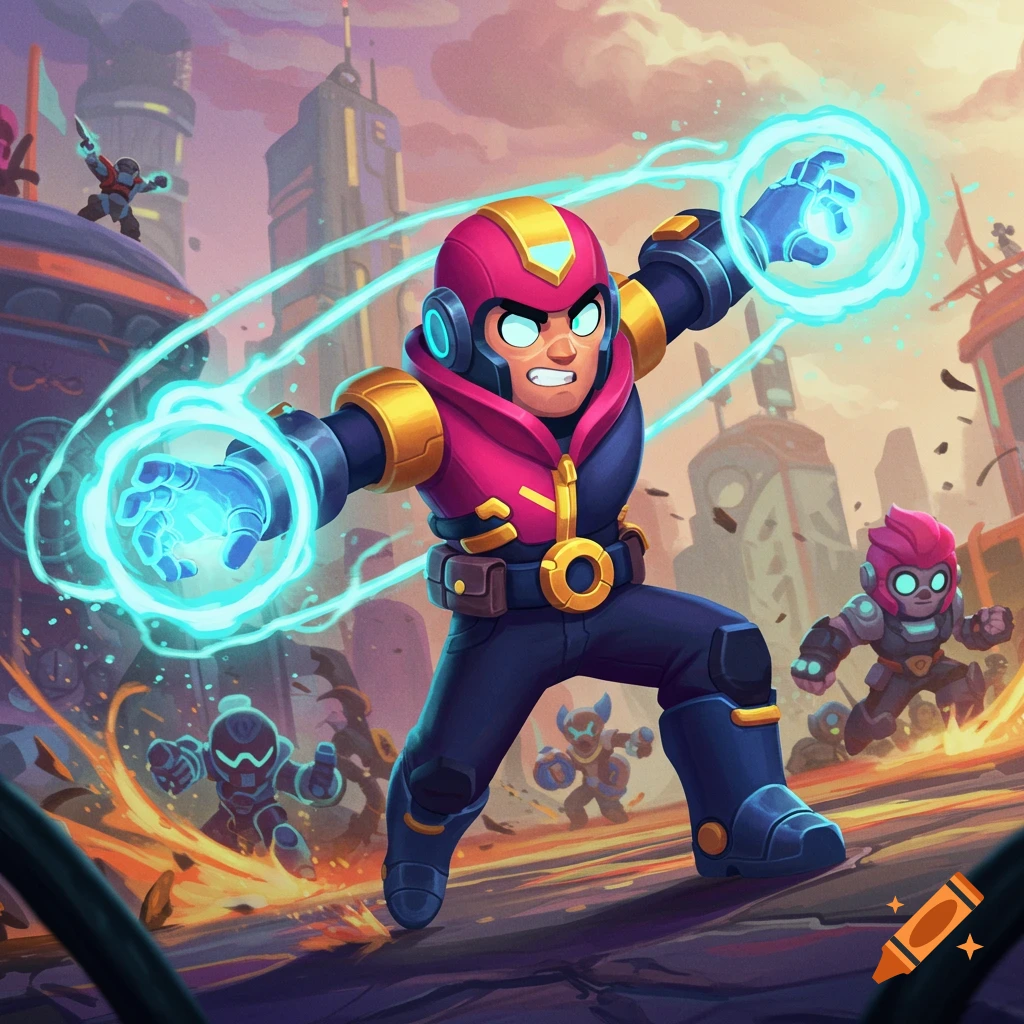 Stylized cartoon character shooting energy blasts in a futuristic city street
