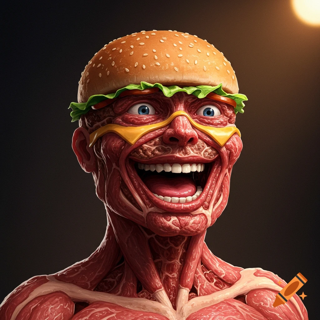 Photorealistic humanoid figure made of hamburger meat with a burger bun head, looking excited.