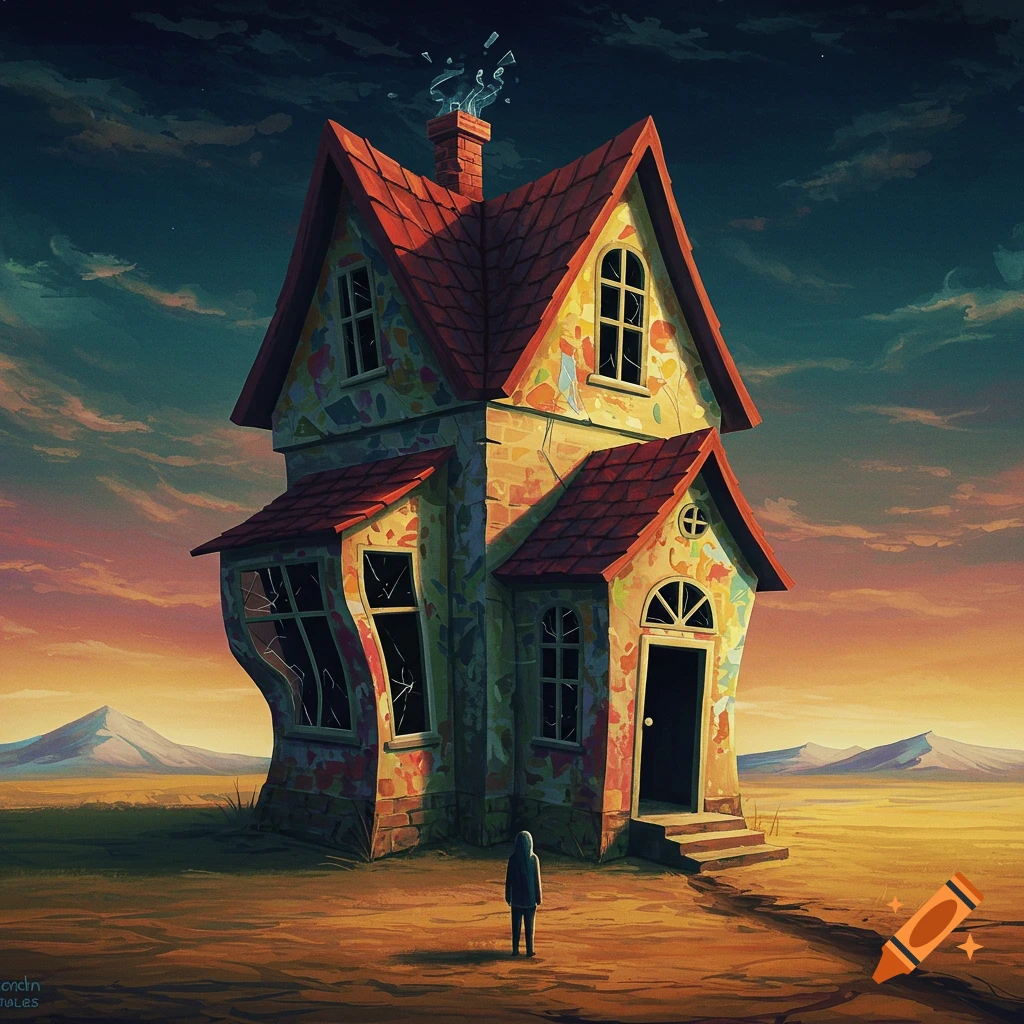 Painted surreal image of a distorted house in a desolate landscape at sunset with a small figure.