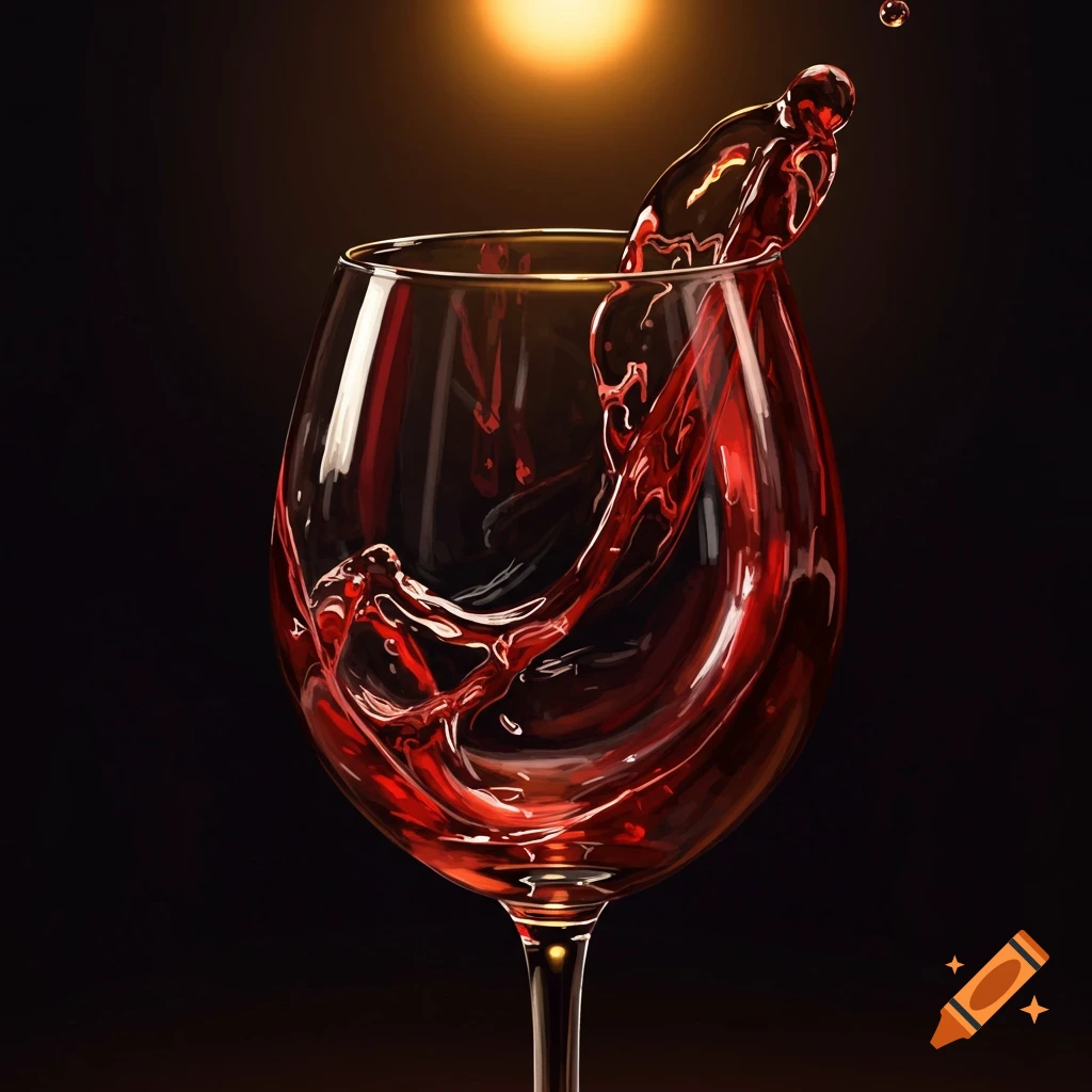 Close-up of a glass of red wine overflowing and splashing against a dark background.