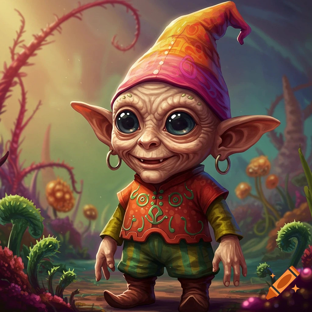 Cartoonish alien gnome in a vibrant fantasy landscape