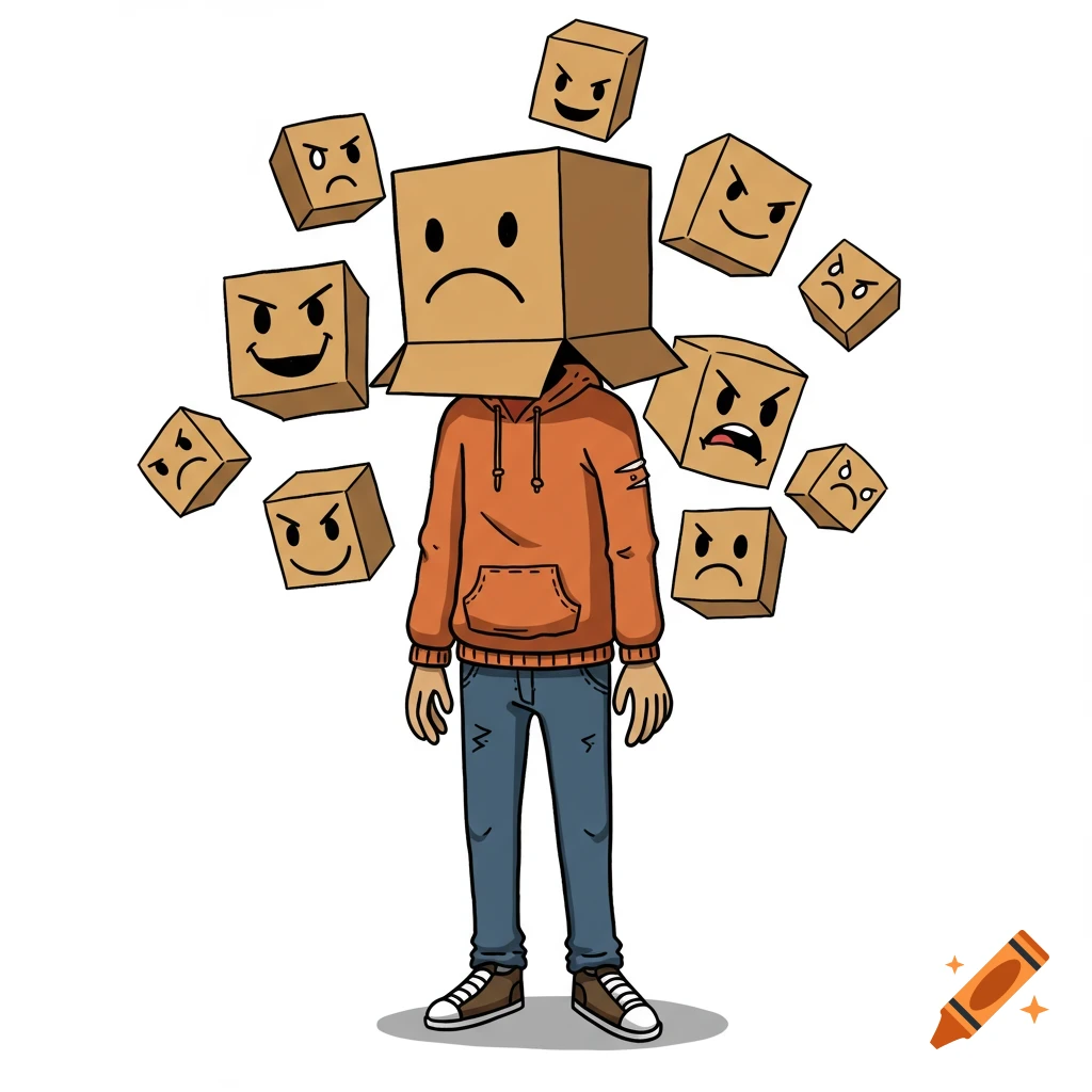Cartoon illustration of a person with a sad box head surrounded by floating boxes with happy and angry faces.