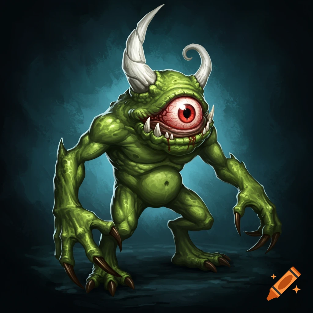 A green monster with one large red eye, white horns, and long claws stands against a dark background in a stylized illustration.