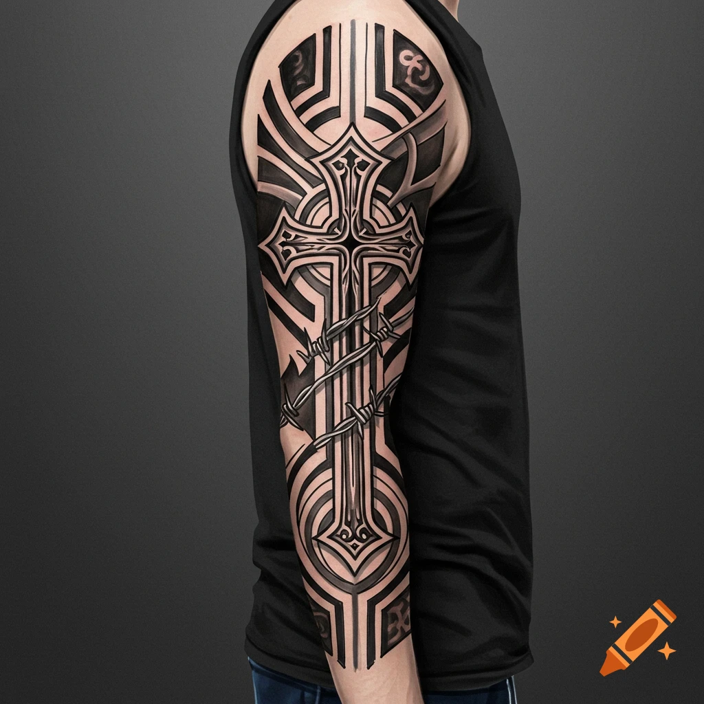 Black and white half-sleeve arm tattoo with a cross, barbed wire, and tribal patterns.