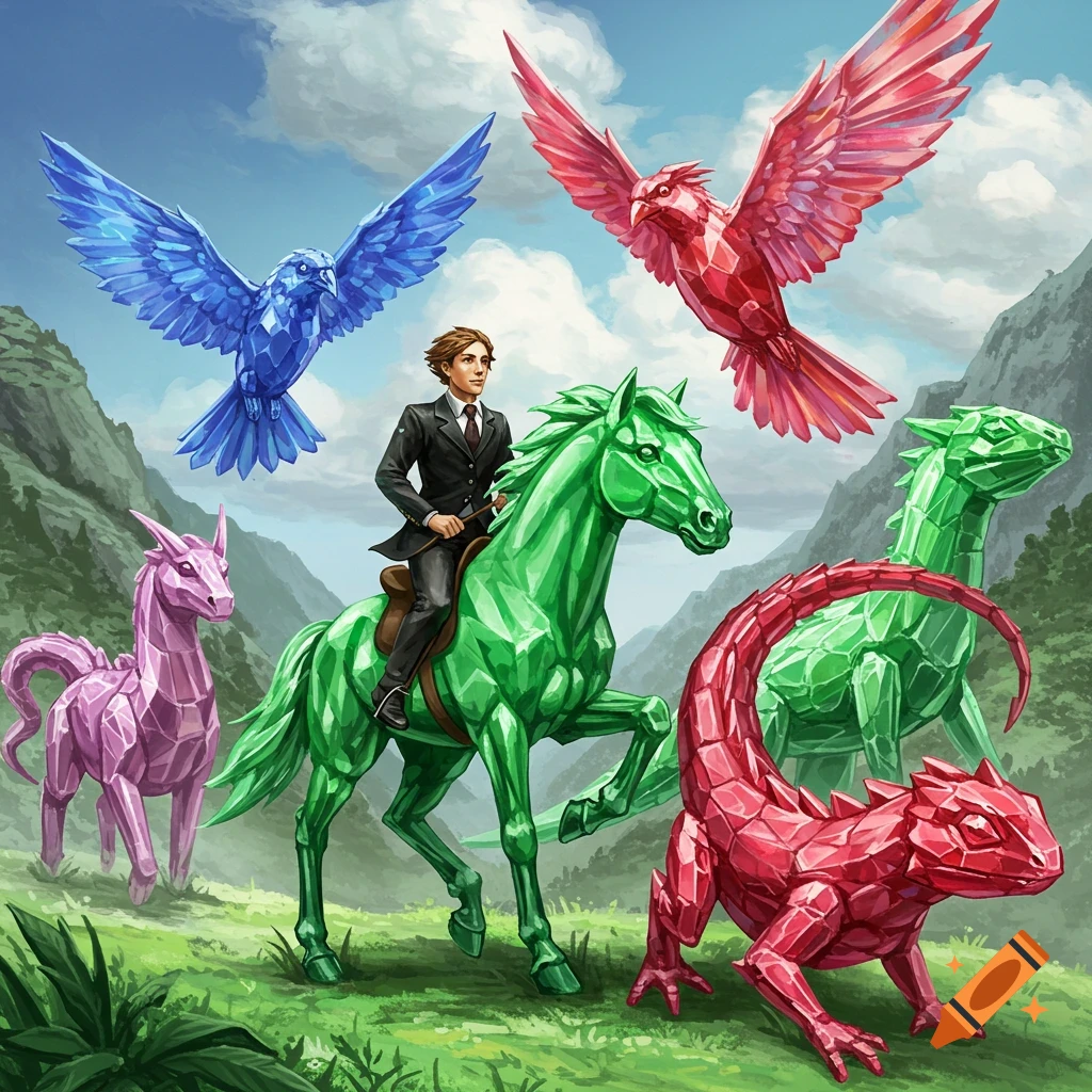 Person rides a green crystal horse with other colorful crystal creatures in a valley.