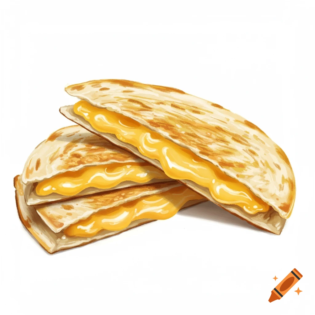Stack of two cheese quesadilla halves with melted cheese oozing out, illustration.