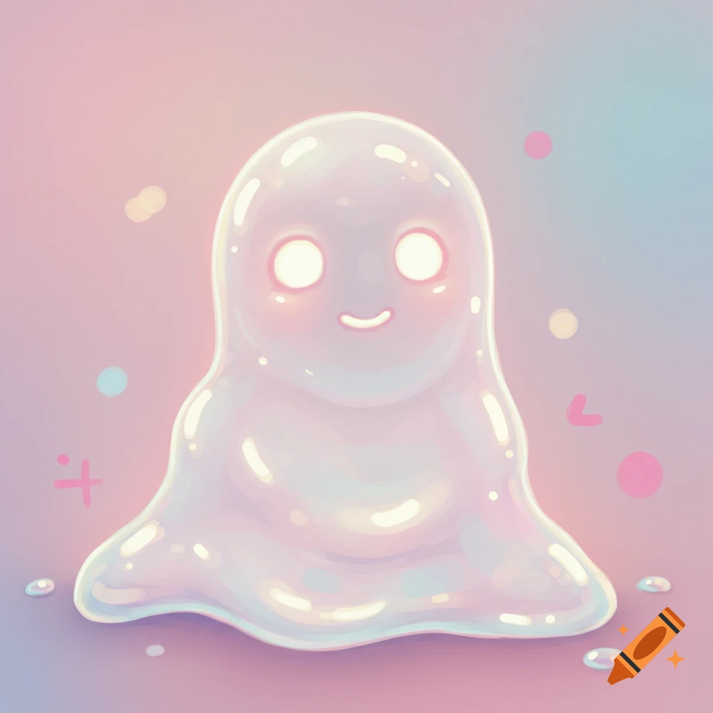 A cute, shiny, translucent blob creature with glowing eyes and a smile sits on a pastel pink and blue background.