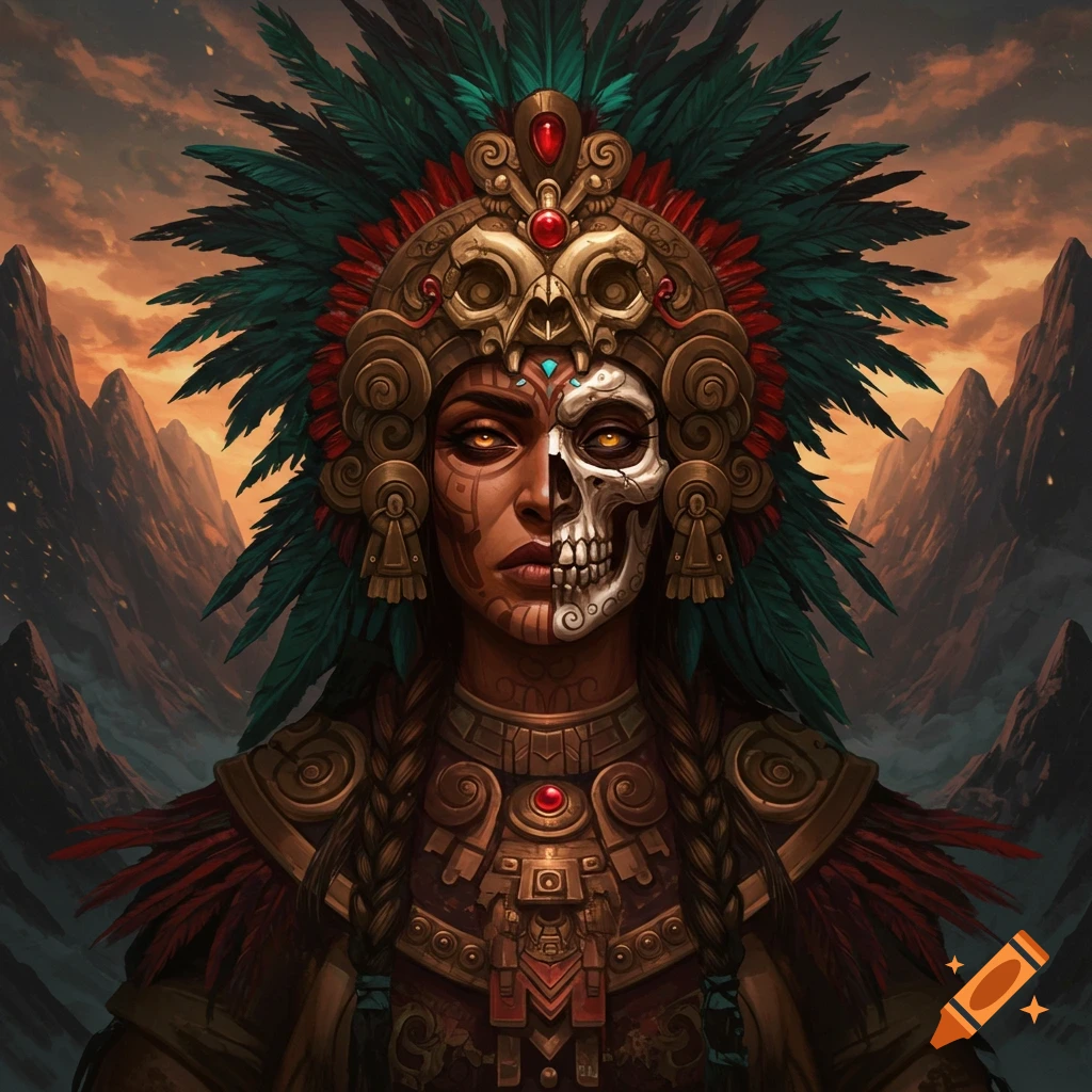 Portrait of an Aztec-inspired woman with half skull face, feathered headdress, and intricate jewelry against mountains.