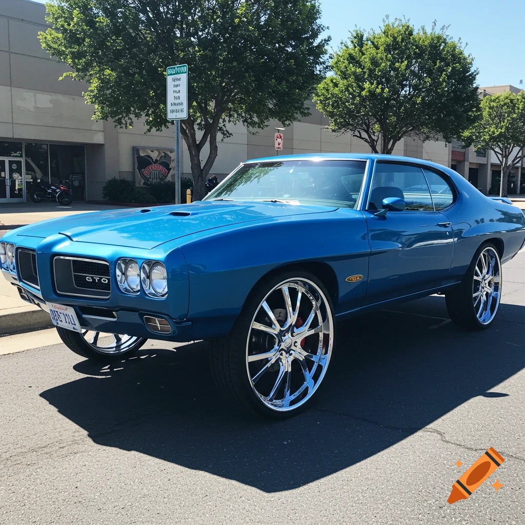 Blue 1970 Pontiac GTO with large chrome rims parked on a street. Photorealistic style.