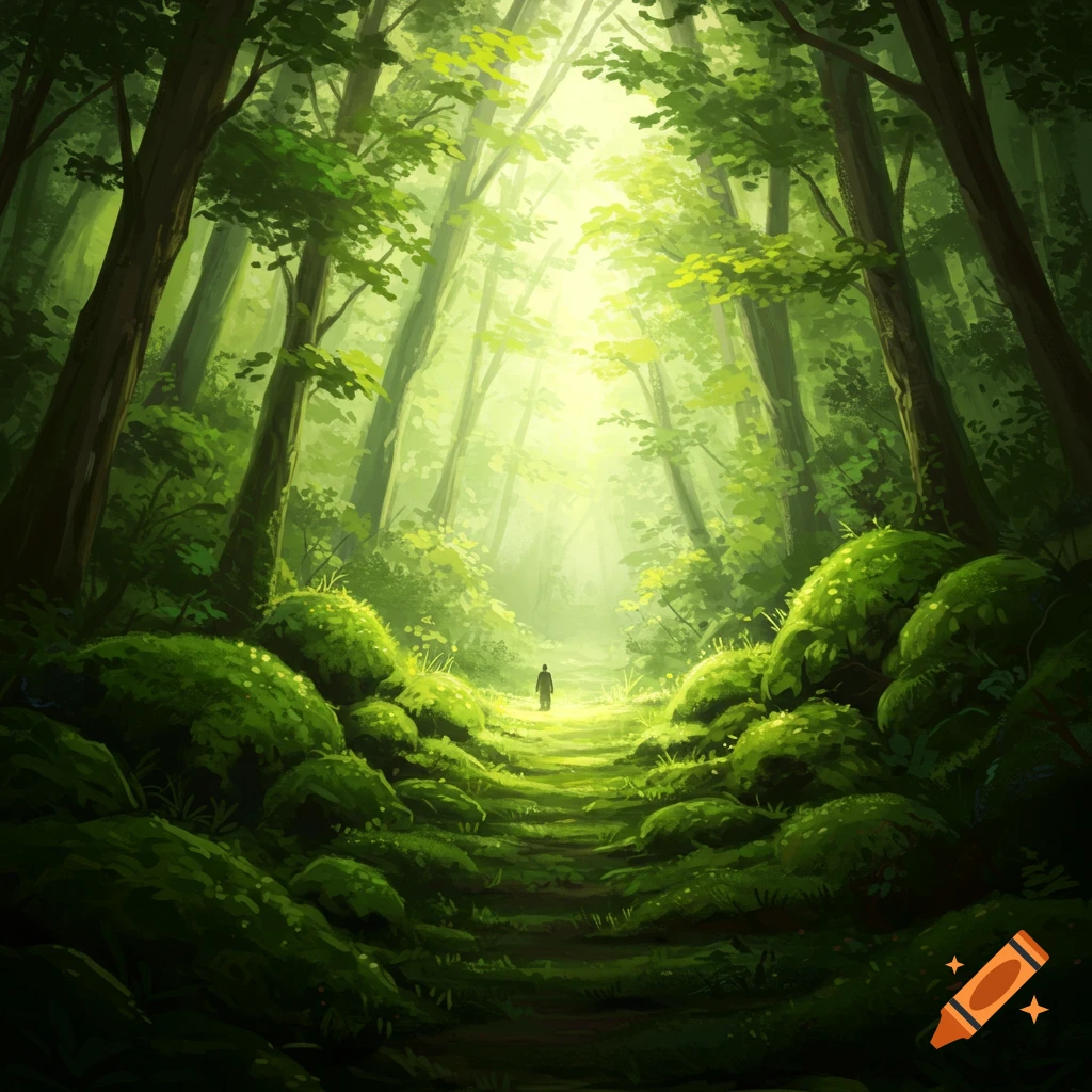 A person walks down a sunny path through a lush, mossy forest, in an oil painting style.