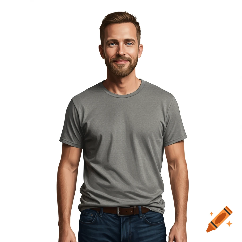 Illustration of a smiling man with a beard wearing a gray t-shirt and jeans.