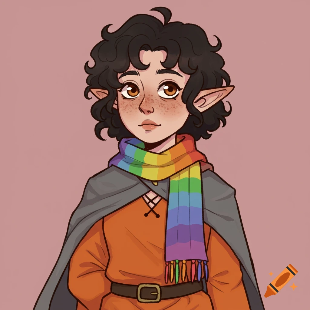 Cartoon drawing of a young half-elf woman with curly black hair, freckles, rainbow scarf, and grey cloak.