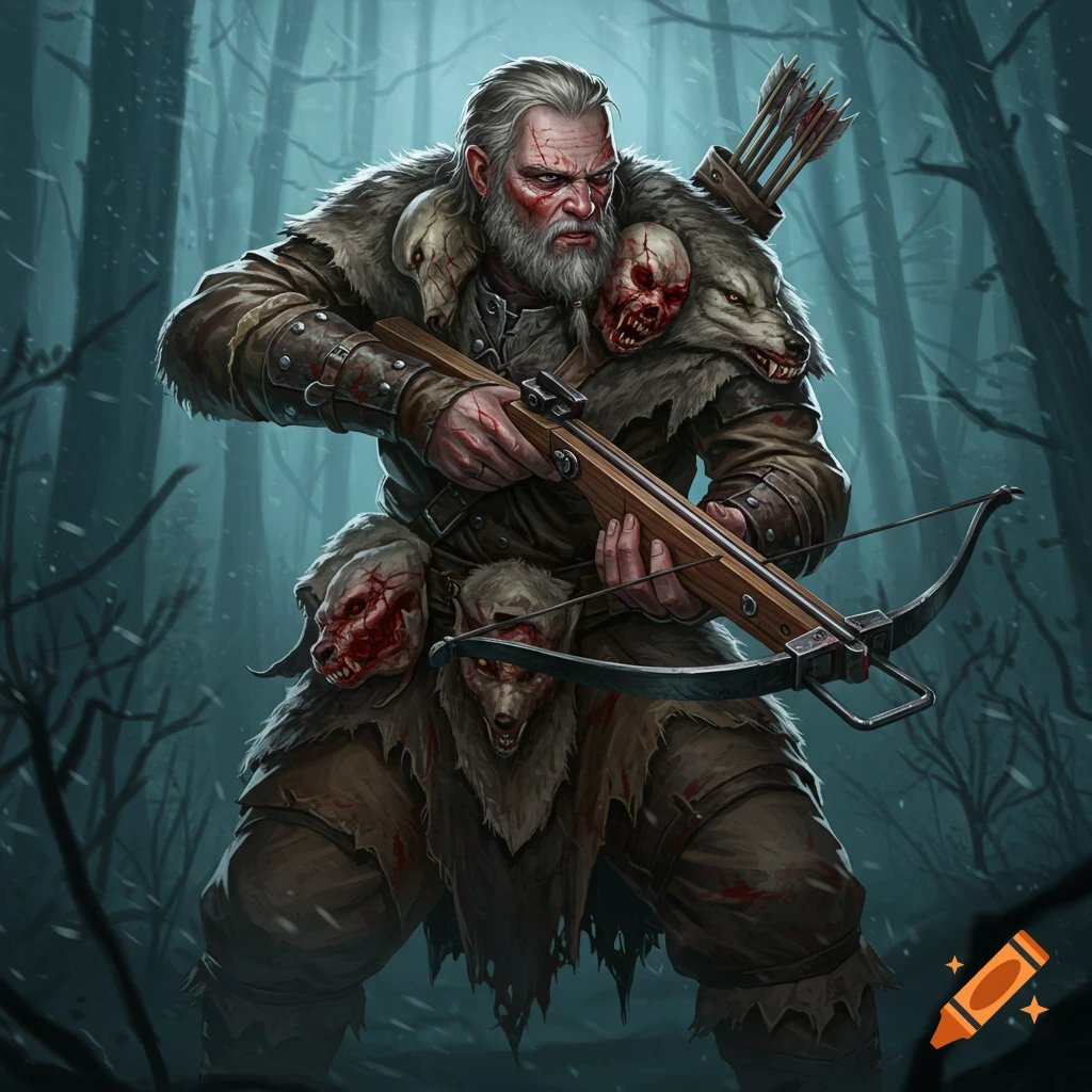 Fantasy illustration of a grizzled hunter with werewolf trophies and a crossbow in a forest.
