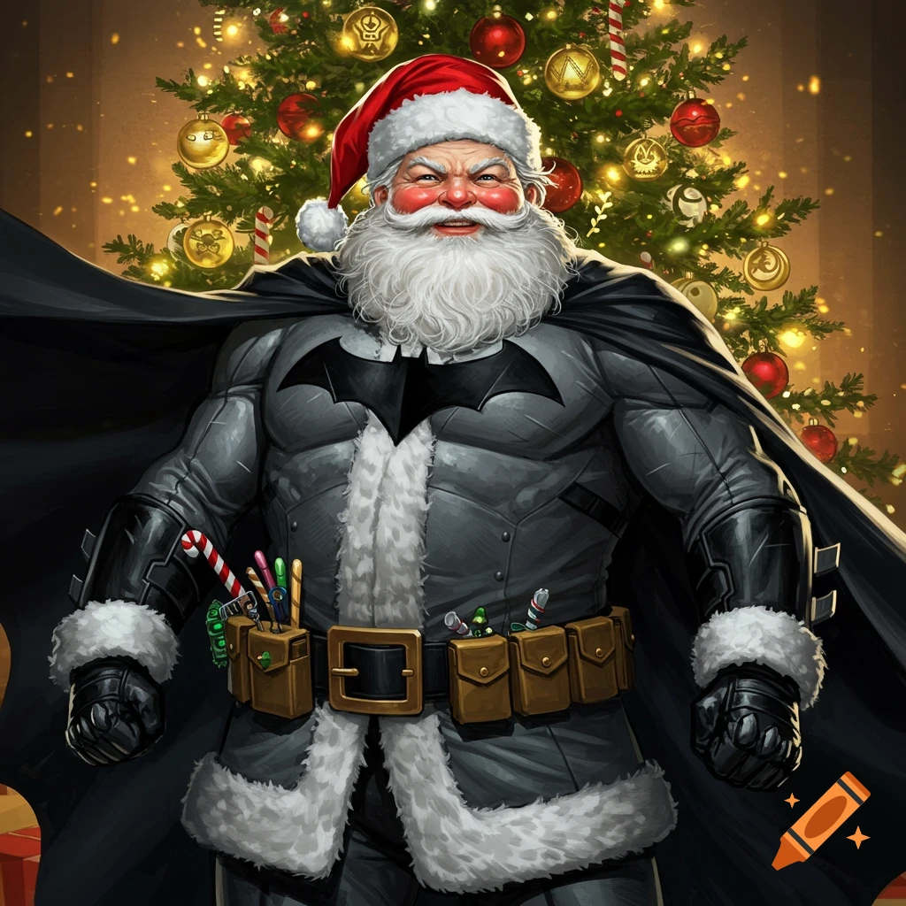 Illustration of Santa Claus wearing a Batman costume in front of a Christmas tree.