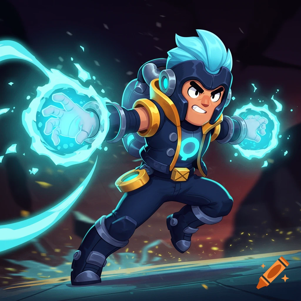 Cartoon character in blue and gold armor generating blue energy from his hands in a dynamic pose.