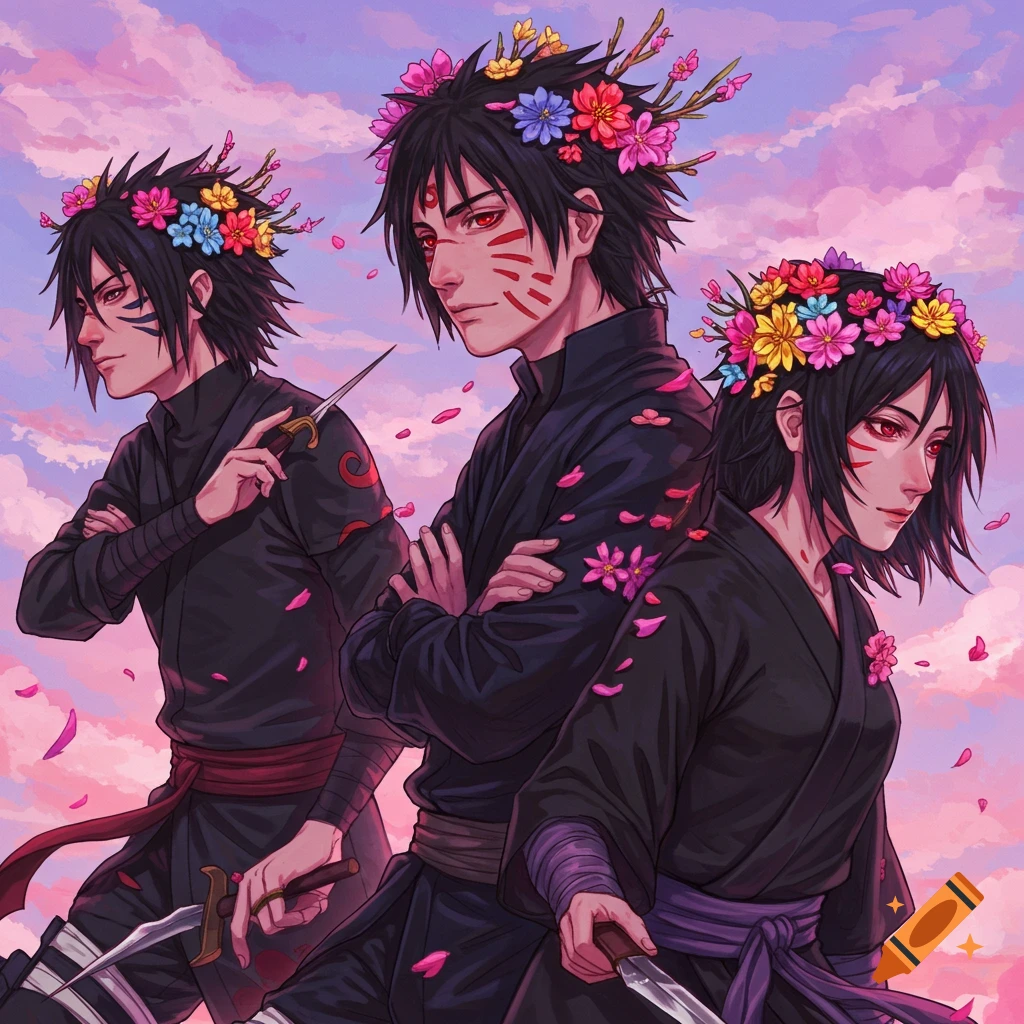 Three anime-style ninja characters with flowers in their hair hold swords and daggers against a pink and purple sky with falling petals.