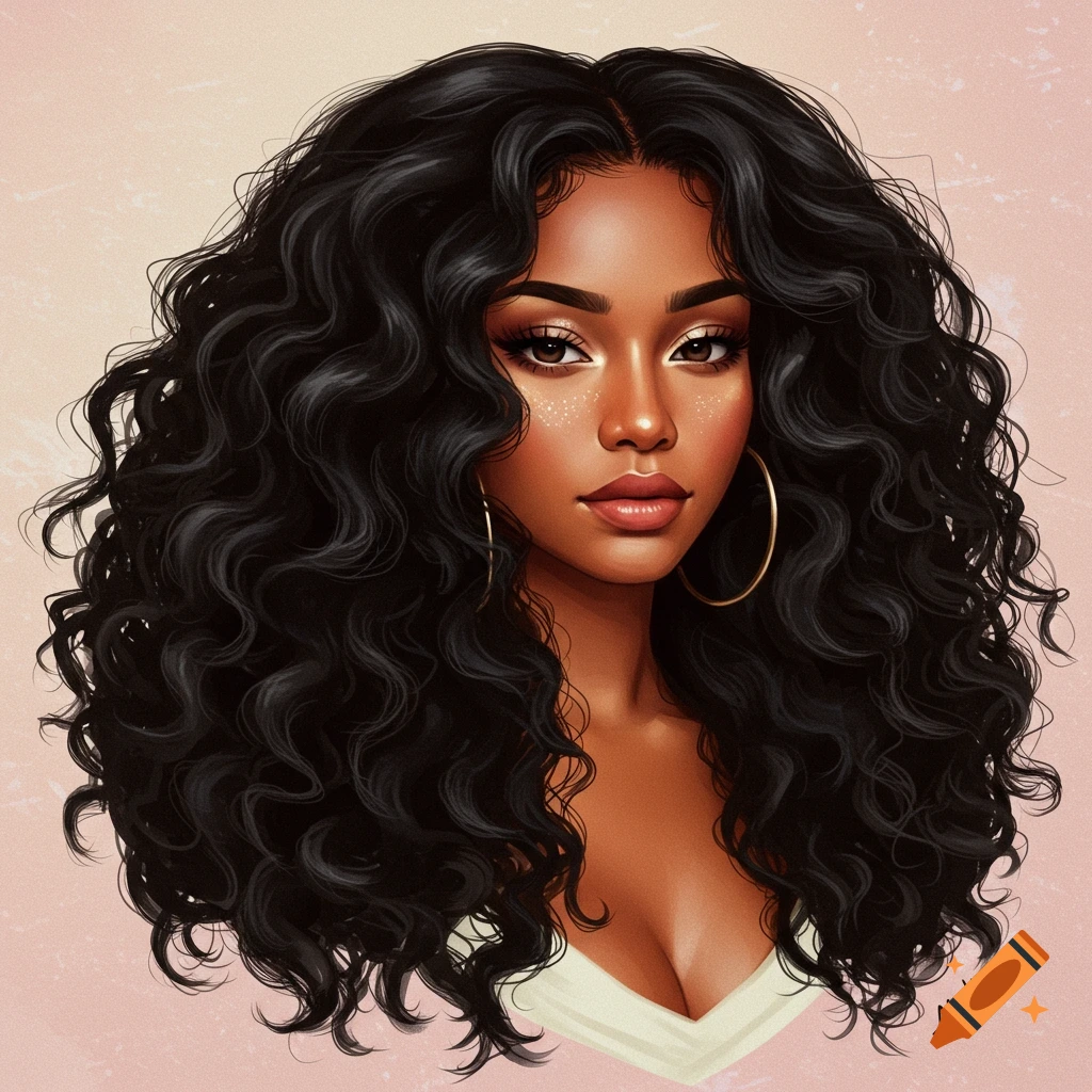 Stylized portrait of a woman with voluminous curly black hair and hoop earrings.