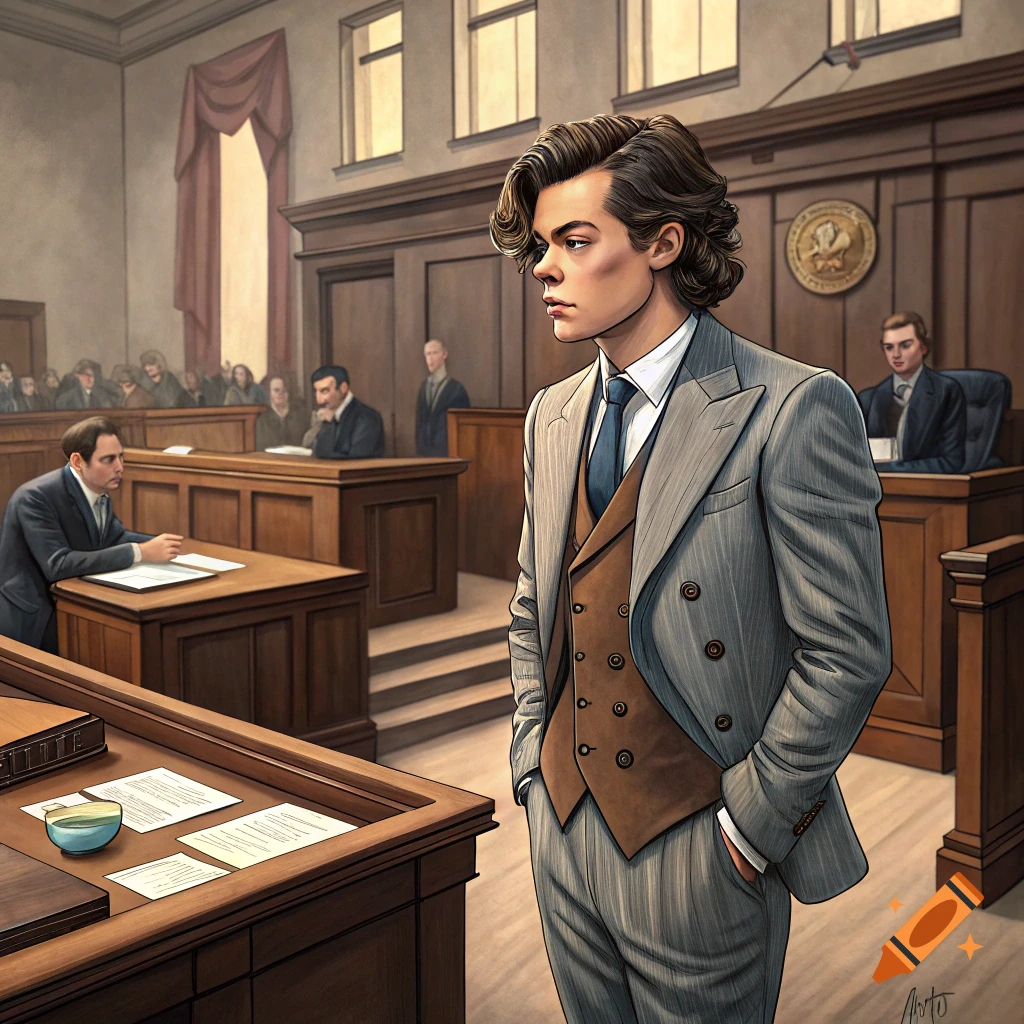 A stylized illustration of a man resembling Harry Styles in a suit standing in a courtroom.