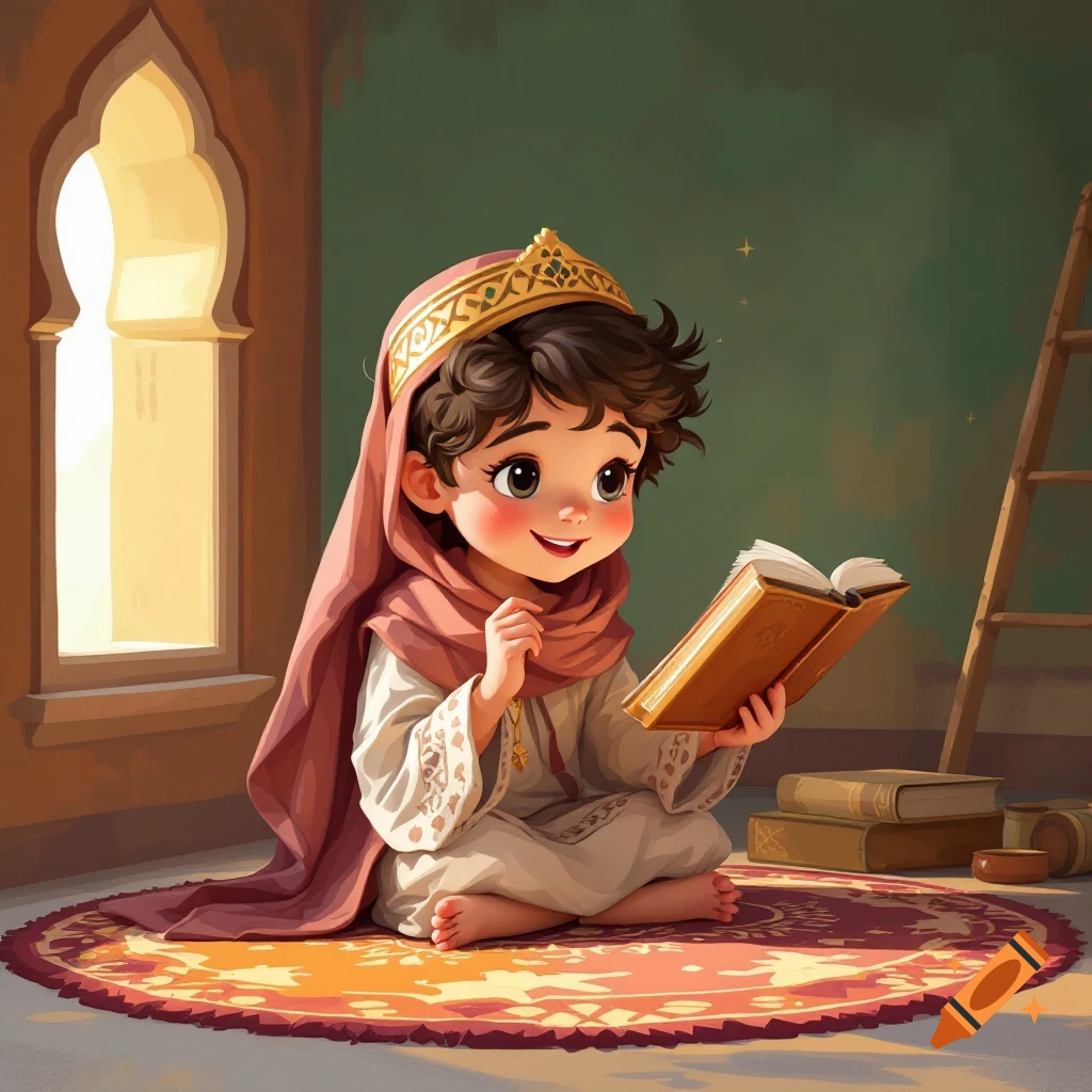 An illustration of a child wearing a headscarf and crown, sitting on a rug and reading a book