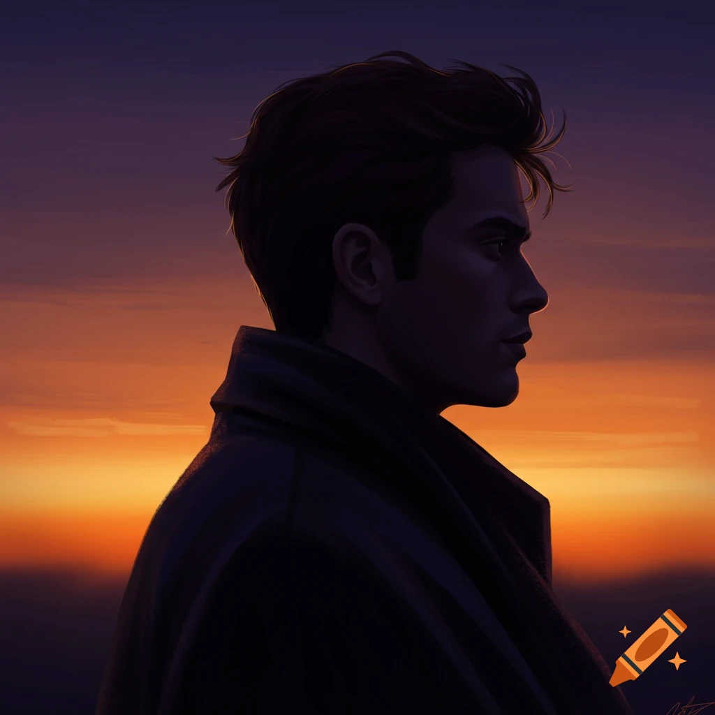 A silhouette of a man in profile wearing a coat, standing against a vibrant orange and purple sunset.