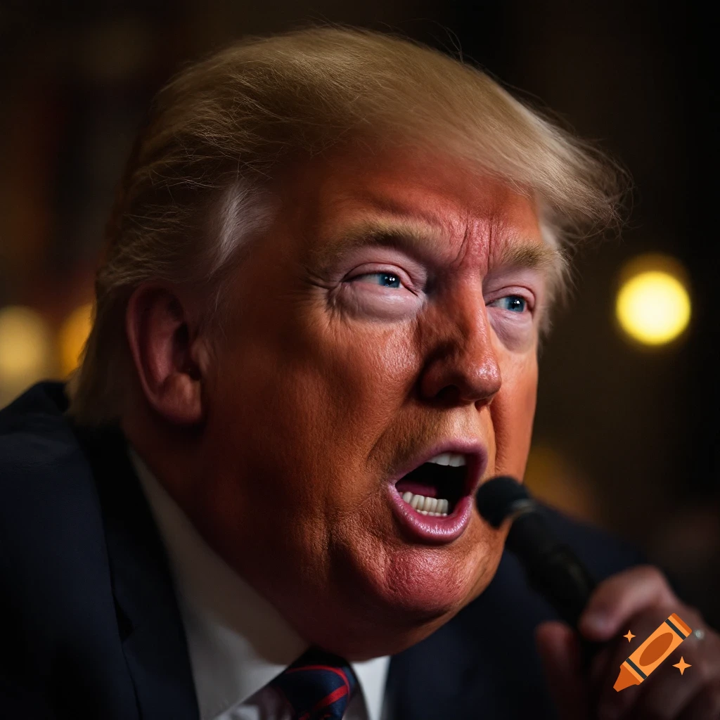 Close-up portrait of a person resembling Donald Trump speaking into a microphone.