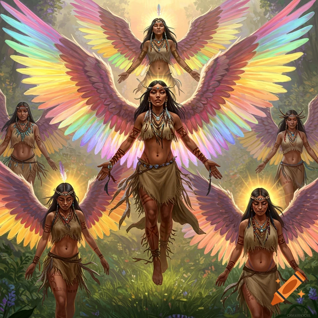 Multiple women with large rainbow wings wear tribal clothing in a forest.