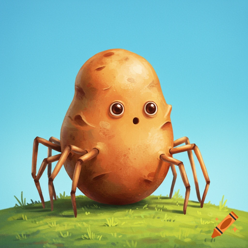 Illustration of a cartoon potato with spider legs standing on a grassy hill under a blue sky.